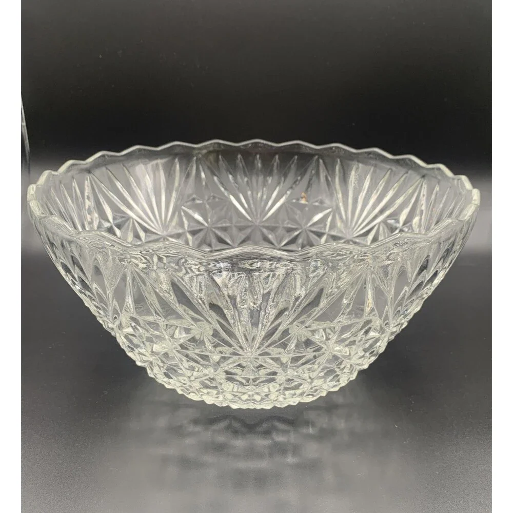 Anchor Hocking EAPC Star of David Cut Glass Bowl Vintage Scalloped Rim Crystal